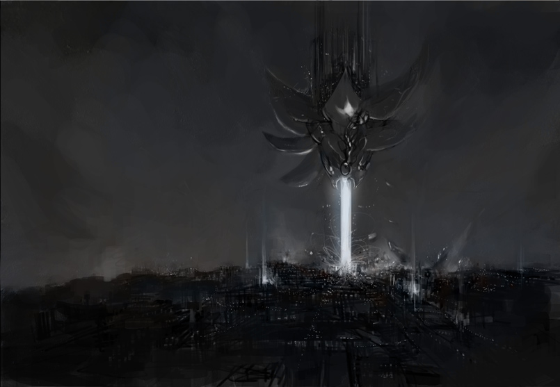 Global concept art showing a dark machine projecting a beam into a city