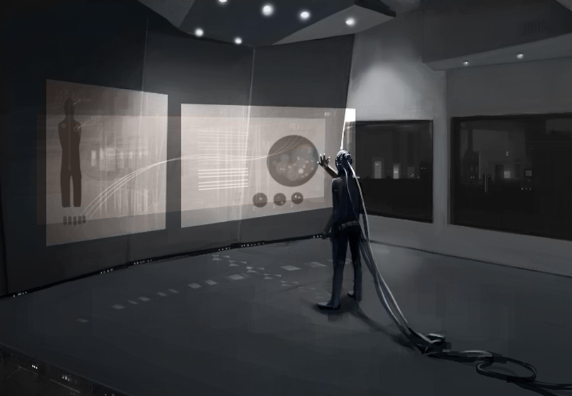 Global concept art showing a figure using a wall-sized interface in a dark command room