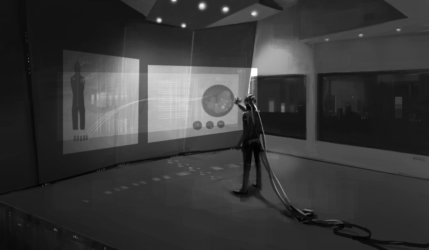 An early monochrome study of a figure using a wall-sized command interface