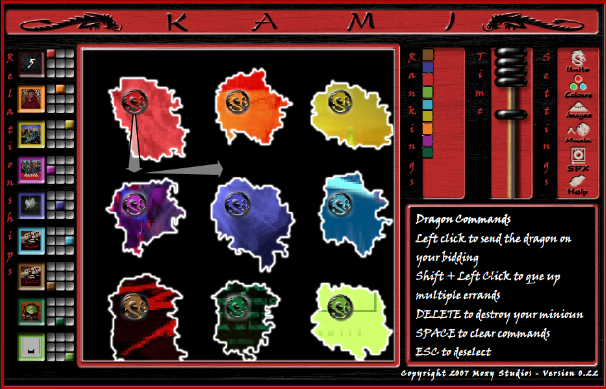 Kami in action, showing nine coloured territories and the original command interface