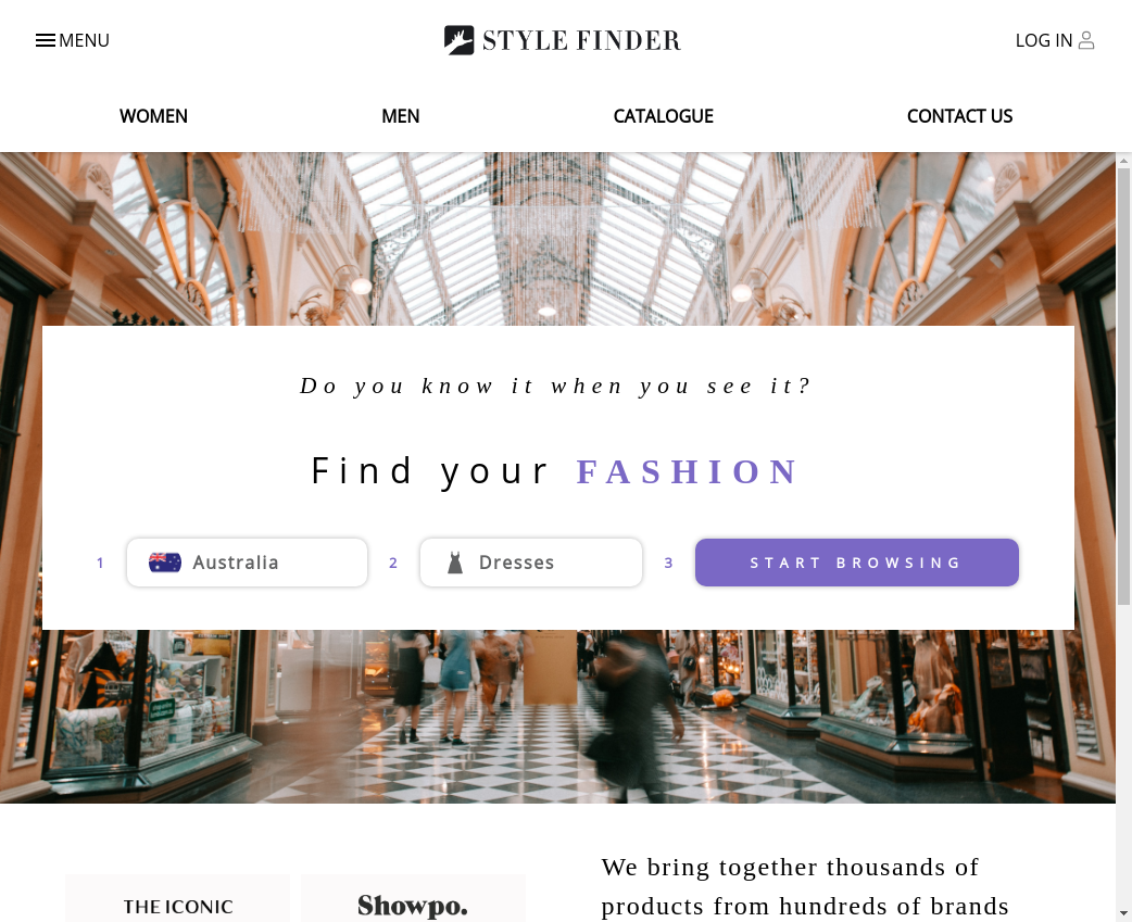 Stylefinder landing page inviting shoppers to choose a country and fashion category