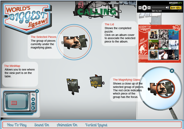 World's Biggest Jigsaw help screen showing the shared puzzle, box lid, minimap and magnifying glass